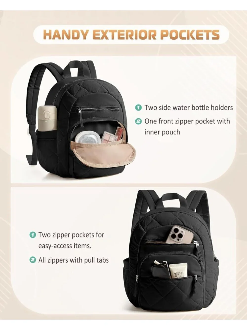 Women's Black lightweight taslan fabric Zipper Quilted Backpack College Bag